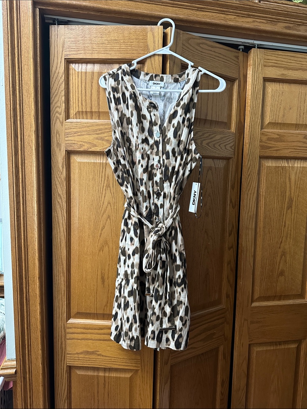 DKNY Sleeveless Leopard-Print Tie-Waist Mini Dress in Beige and Brown